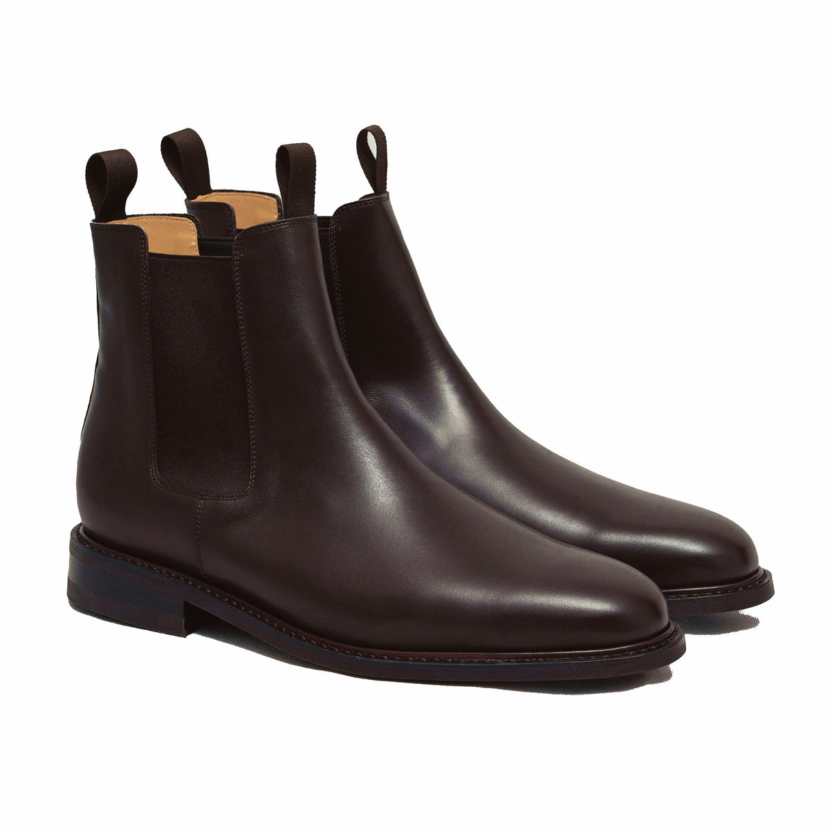 Men's brown Chelsea boots crafted using goodyear welt construction and full grain leather.