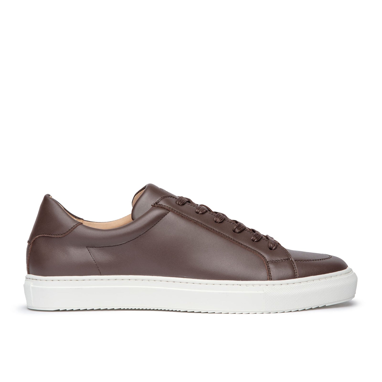 Dark brown leather sneakers featuring full grain calfskin and white rubber sole for summer, autumn and spring
