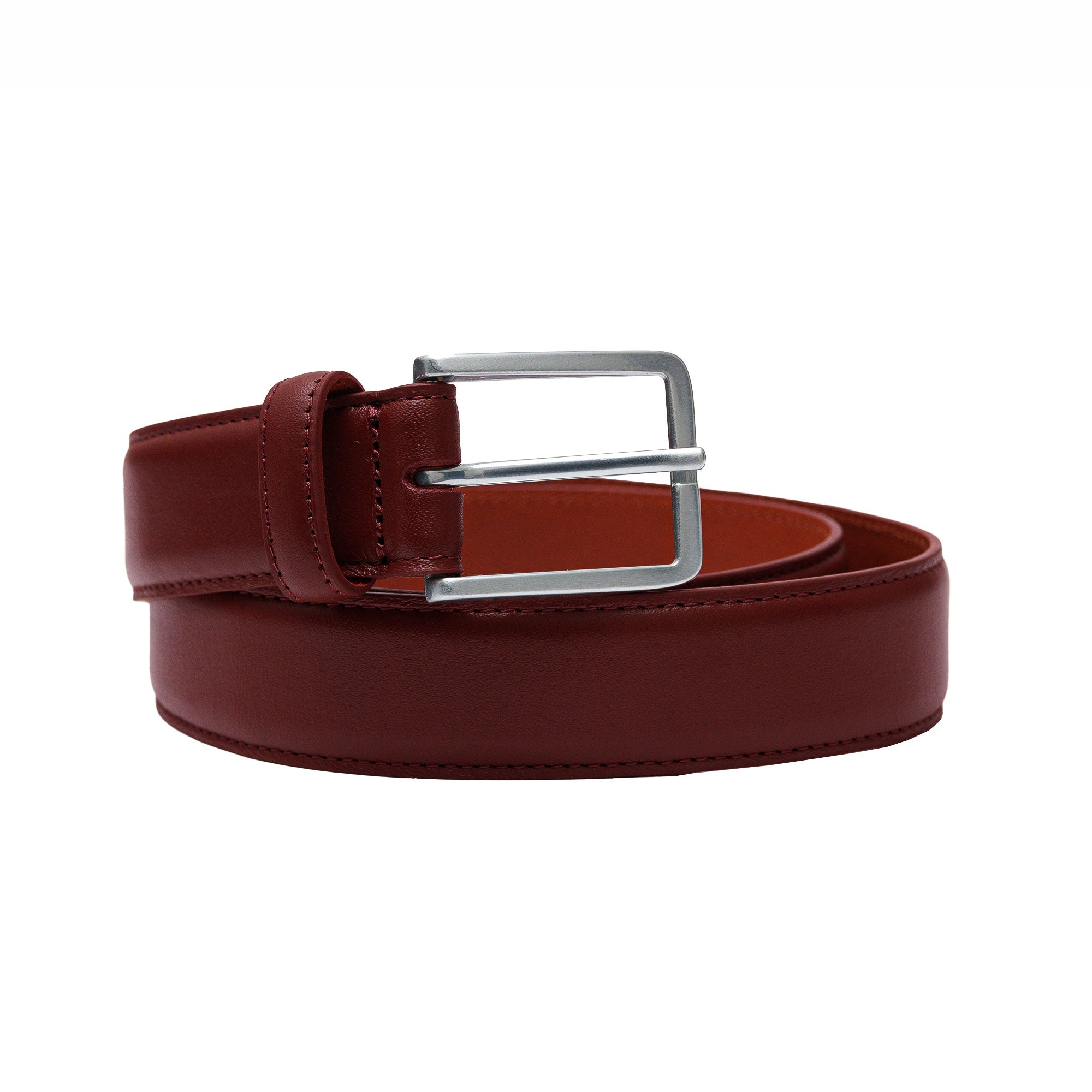 Burgundy leather belt for men. Perfect with tailored pants, slim-fit trousers, or weddings.