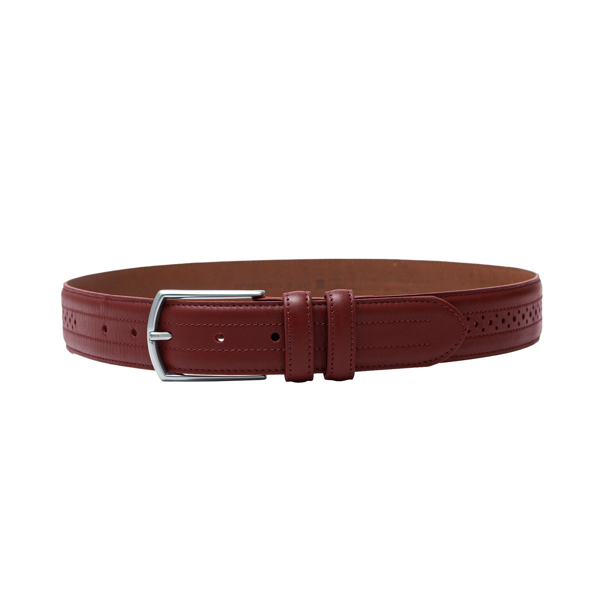 Men’s burgundy belt with brogue detail. Crafted in Spain. Match with dress trousers.