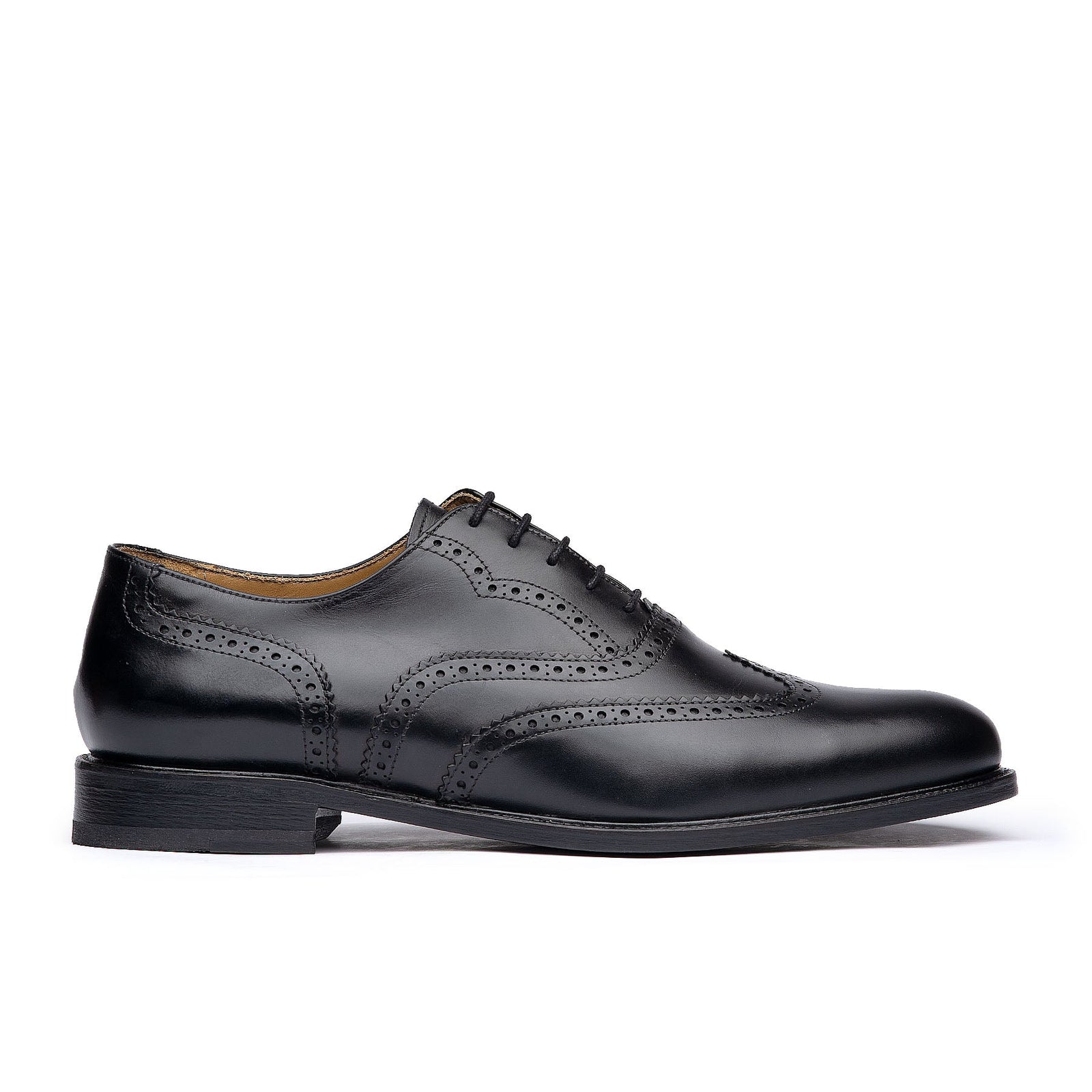 Mens black brogue shoes with wingtip design and made in Portugal