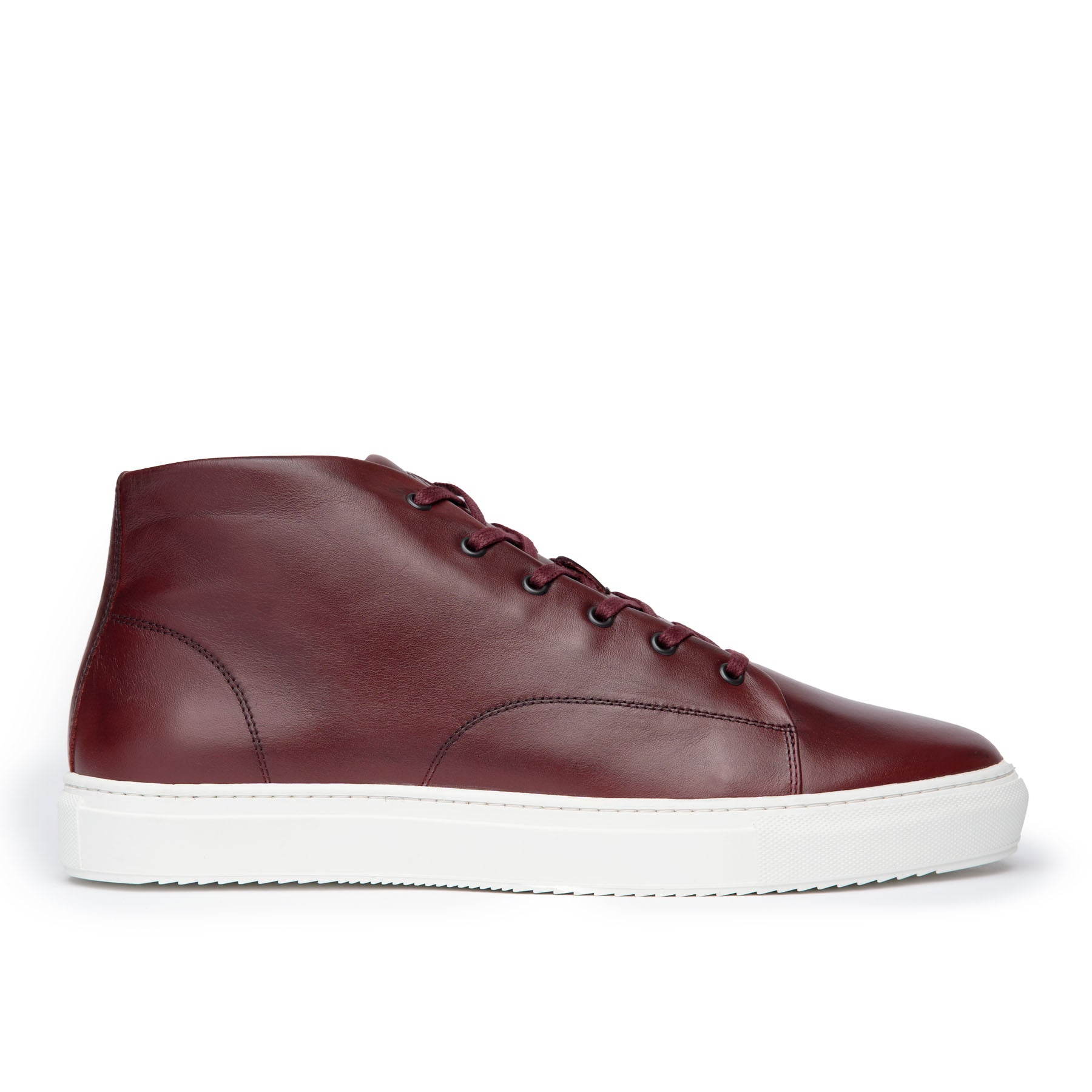 Burgundy high top sneakers featuring white rubber sole and cotton waxed lace for going out and walking