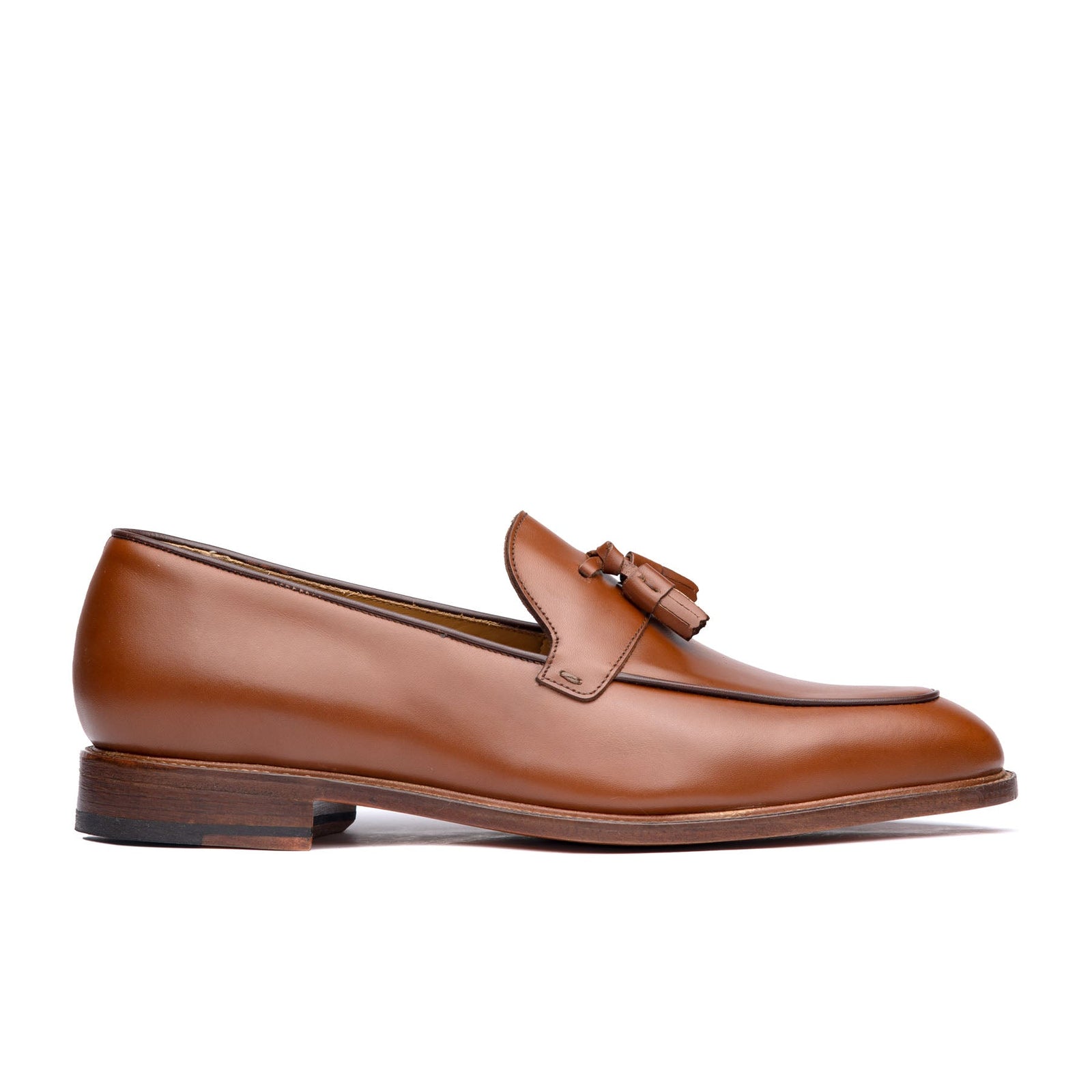Mens tan tassel loafers made using full grain leather and blake rapid stitched construction