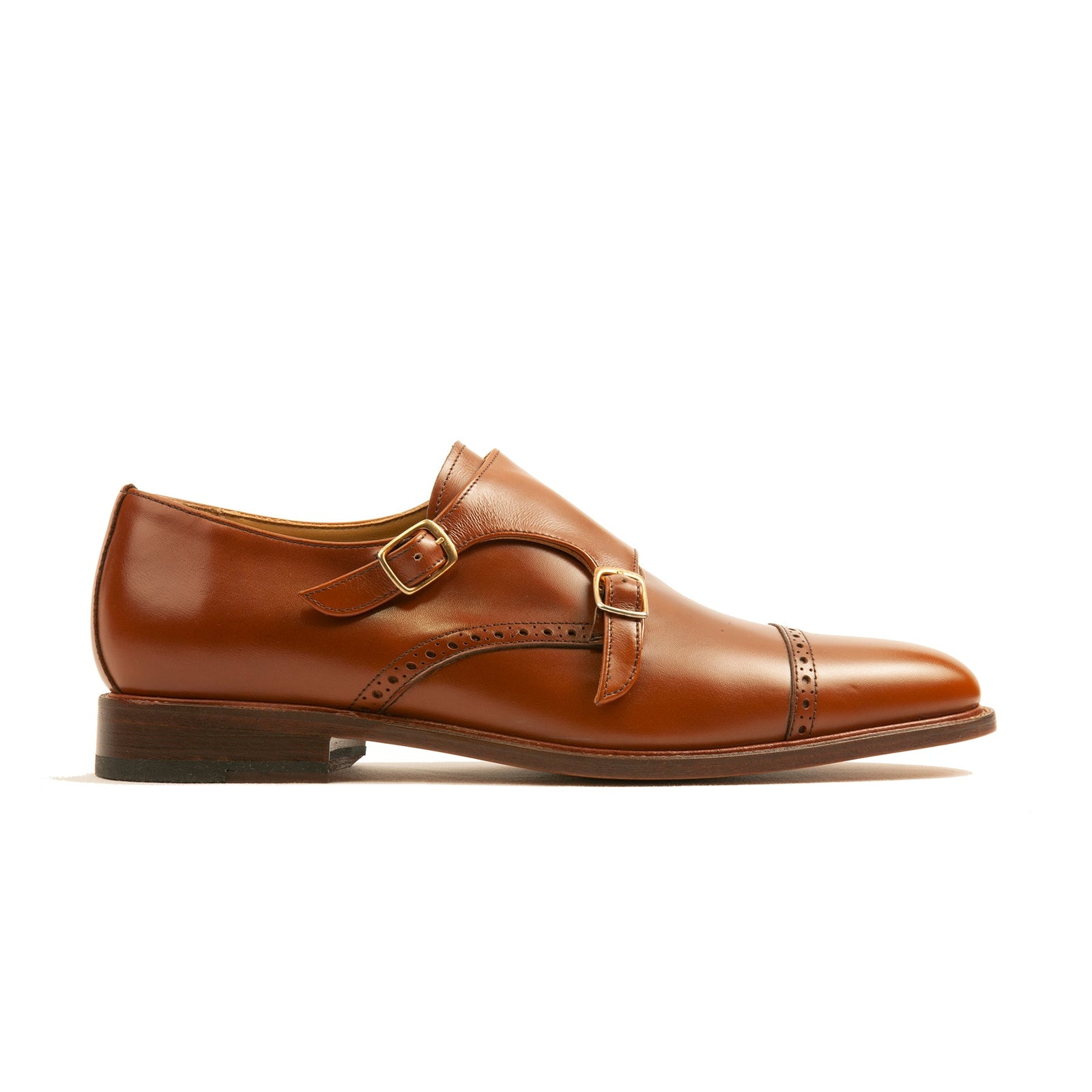 Monk strap dress shoes in tan with double buckle fastening and leather welts