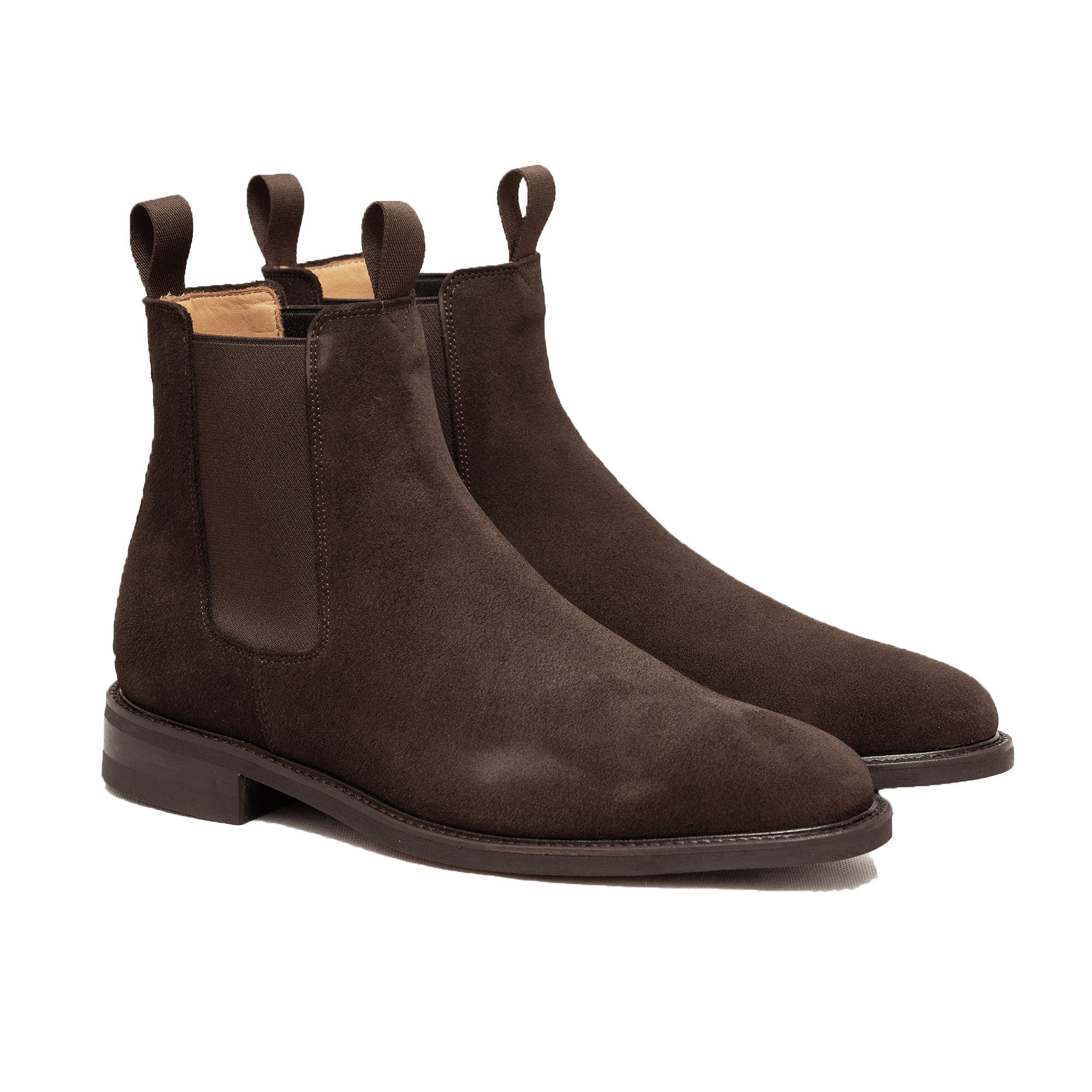 Brown suede chelsea boots featuring blake rapid stitched with double pull tug for everyday wear