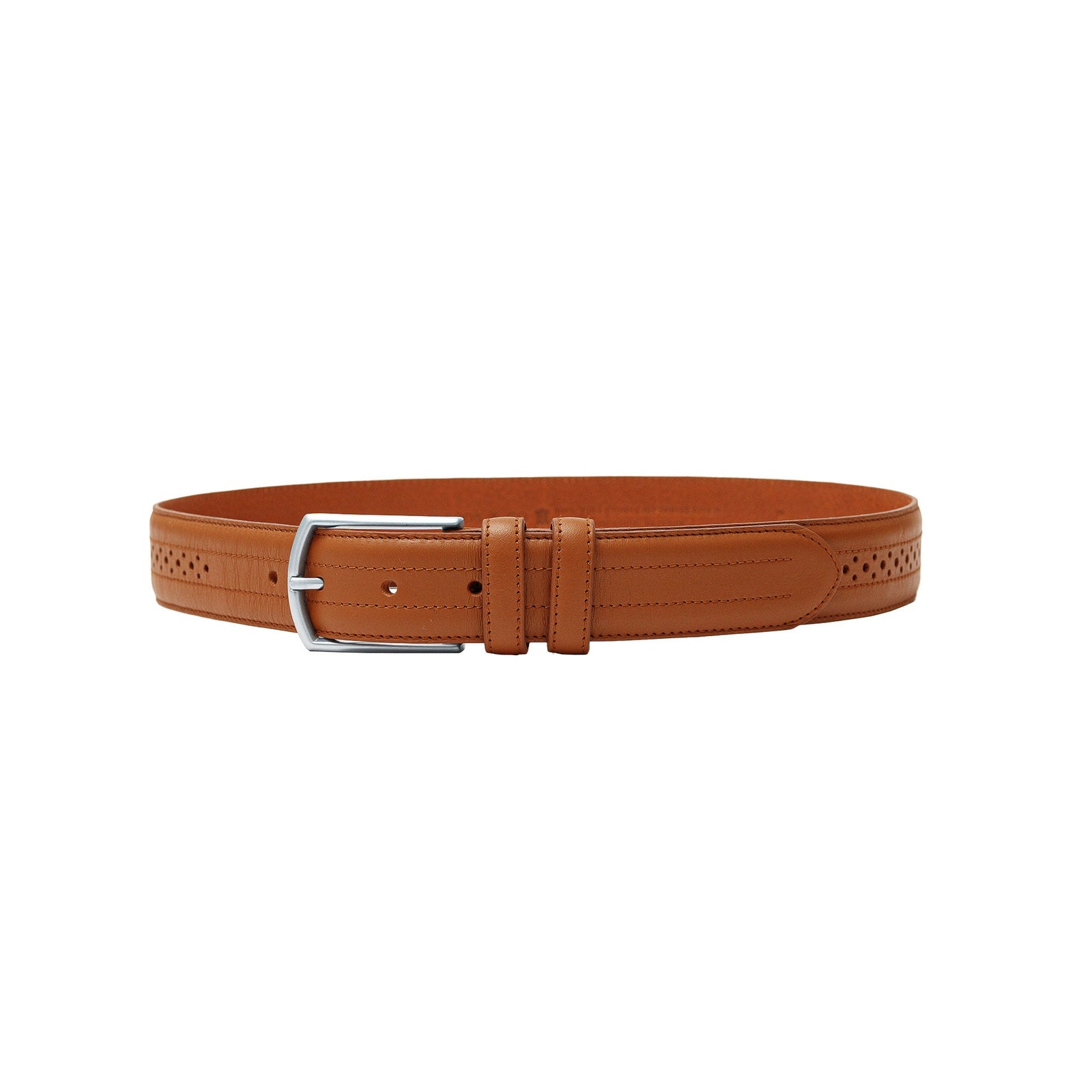 Tan brogue belt for men. Pair with wingtip shoes, dress pants, or tailored suits.