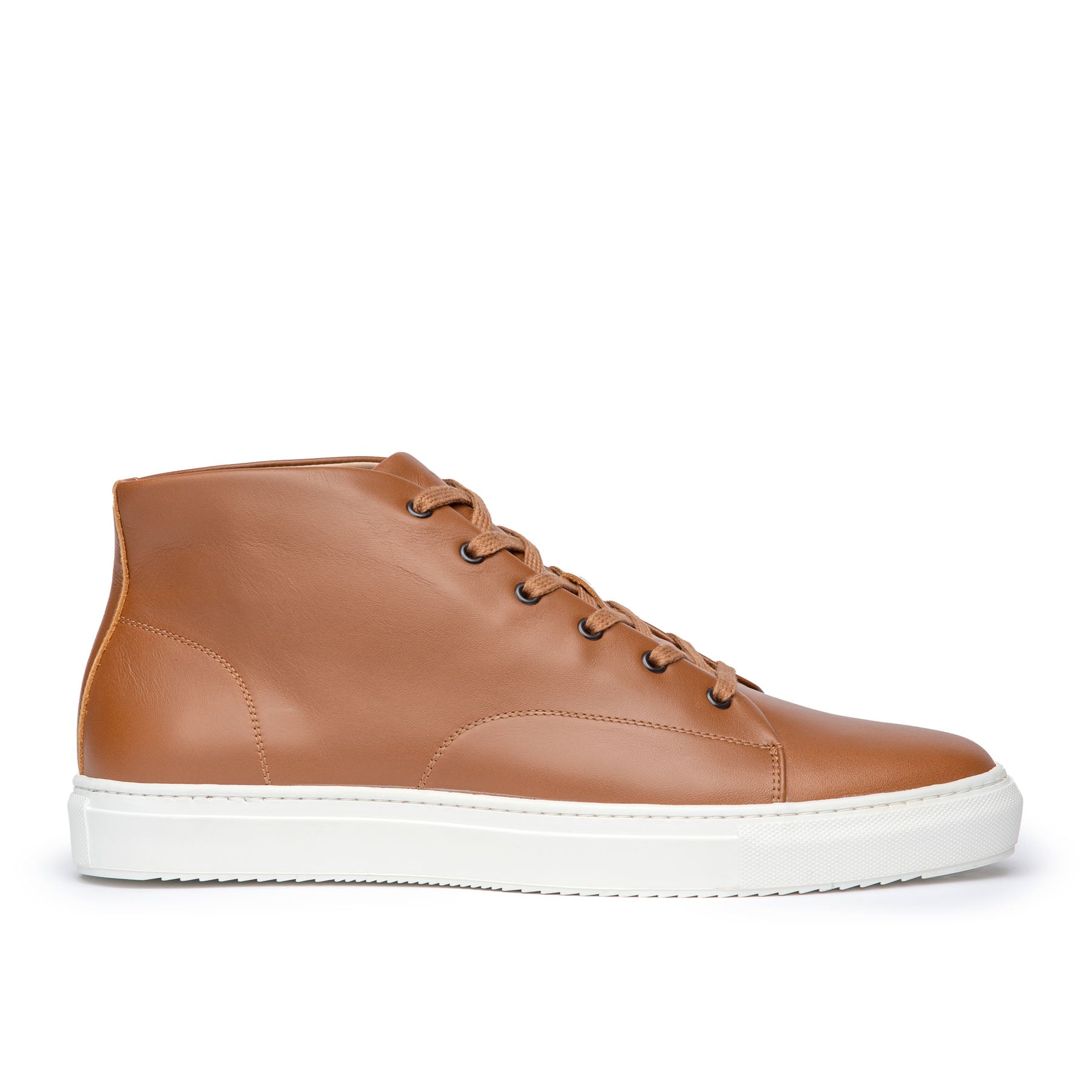 Tan high top sneakers made from full grain calfskin leather and side stitched construction.